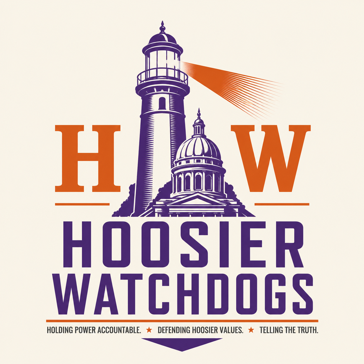 Hoosier Watchdogs logo featuring a lighthouse and the Indiana Statehouse